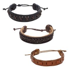 Lightweight bracelets are made of leather and are adjustable with a knot closure. Ready-to-wear bracelets are ideal for gift-giving, counter sales or extending current jewelry lines. Colors, shapes and sizes may vary in each lot. Adjustable Black Leather Bracelet With Waxed Cord, Handmade Brown Leather Bracelet Adjustable Fit, Brown Leather Bracelet With Adjustable Band, Casual Brown Bracelet With Adjustable Cord, Casual Adjustable Leather Bracelet With Sliding Knot, Casual Leather Bracelet With Adjustable Cord, Bohemian Brown Leather Bracelet With Sliding Knot, Casual Adjustable Sliding Knot Leather Bracelet, Casual Adjustable Braided Leather Bracelet