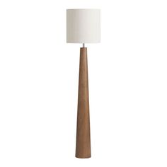 a wooden lamp with a white shade on it