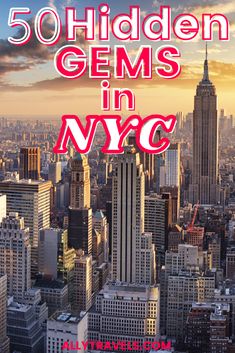 the cover of 50 hidden gems in nyc, with an aerial view of skyscrapers