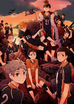 an anime poster with many different people in uniform and one is holding a soccer ball