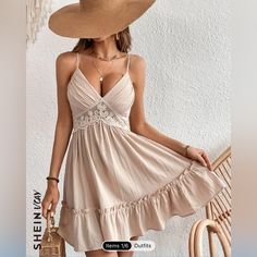 Lace Ruffle Cami Dress Beige Dress With Ruffled Straps For Vacation, Beige Ruffled Strap Dress For Beach, Beige Beach Dress With Ruffled Straps, Beige Summer Dress With Ruffled Straps, Feminine Ruffled Sundress For Vacation, Feminine Flowy Ruffle Dress For Beach, Flowy Feminine Ruffle Dress For Beach, Beige Spaghetti Strap Dress With Ruffles, Elegant Mini Dress With Ruffled Straps For Vacation