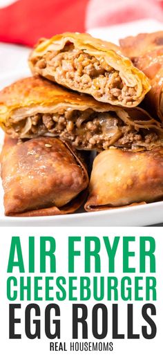 air fryer cheeseburger egg rolls on a white plate with text overlay