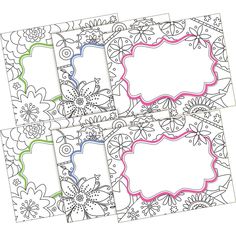 four coloring pages with flowers and frames on the front, two are blank for text