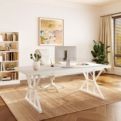 a white desk sitting on top of a hard wood floor next to a book shelf