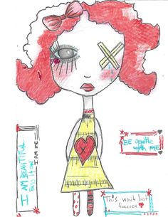 a drawing of a girl with red hair and cross on her face, wearing a yellow dress