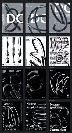 several black and white posters with different designs