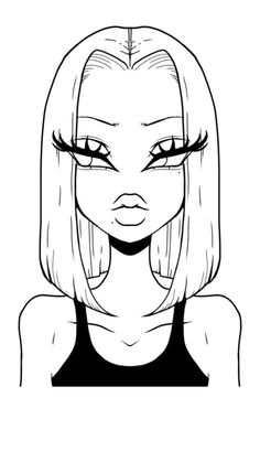 the face of a woman with long hair and big eyes, drawn in black and white