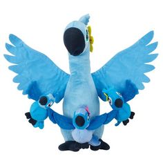 the blue bird has two smaller birds on it's back and one is holding its wings