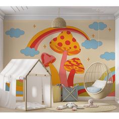 a child's room with a wall mural and swing chair in the foreground