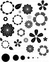 an assortment of black and white flowers on a white background with polka dot circles around them