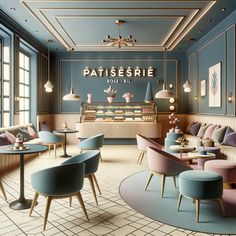 the interior of a restaurant with pastel colors