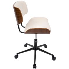 an office chair with wheels and a wooden seat on the back, viewed from the front