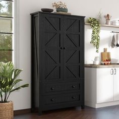 a black cabinet in a white kitchen with potted plants on the counter and shelves above it