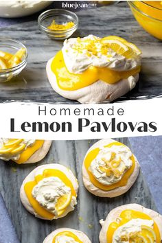 lemon pavlovas with whipped cream on top and in the background, there is a