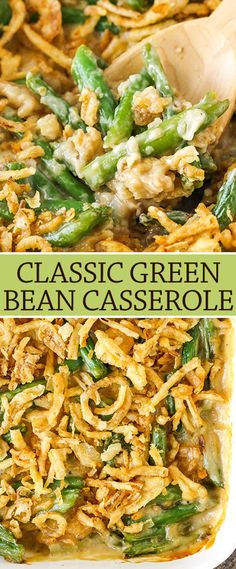 a casserole dish filled with green beans and chicken