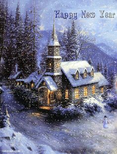 a christmas card with a church in the snow