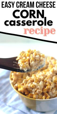 a spoon full of corn casserole with text overlay