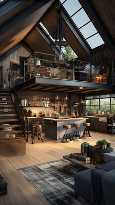 an open concept loft with stairs leading to the upper floor and second story kitchen area