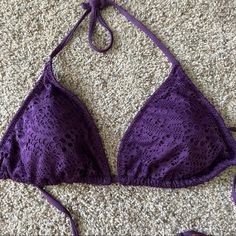 Used- Rarely Worn Bikini Top In A Dark Purple Color. Size L. No Damage, No Stains, Never Worn In A Pool Only To The Beach. Overall: Great Condition Purple Halter Top For Beach Vacation, Summer Purple Halter Top For Beach Season, Purple Triangle Halter Top For Beach, Purple Summer Halter Top For Beach, Fitted Purple Halter Top For Beach Season, Goth Mermaid, Dark Purple Color, Swimsuits Halter, Swim Suit