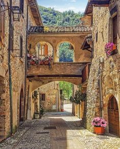 an alley way with stone buildings and flowers