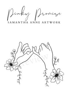 two hands holding flowers with the words pinky branchie on it and an ink drawing of