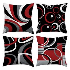 four black and red pillows with circles on them