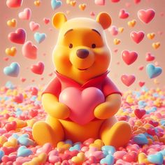 a winnie the pooh character holding a heart surrounded by hearts in pink, yellow and blue