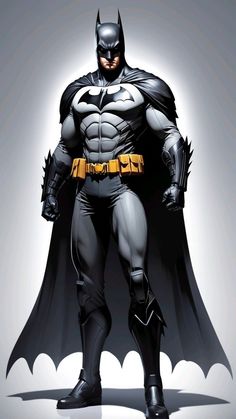 the batman is standing in front of a white background with black and yellow accents on it