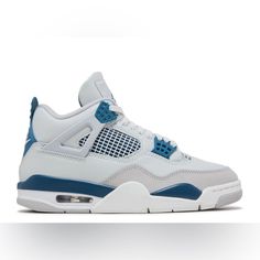 Bringing Back A Classic Og Colorway, The 2024 Version Of The Jordan 4 Retro 'Military Blue' Also Known As 'Industrial Blue' Returns With An Off-White Leather Upper And Nubuck Forefoot Overlays. The Blue Jumpman Logo Decorates The Tongue Tag, Matching The Color Of The Molded Eyelets, Back Tab And The Underneath Of The Side Panel Netting. These Shoes Have A Lightweight Midsole With An Encapsulated Air-Sole Forefoot Unit And A Visible Air Bag In The Heel. Sku: Fv5029 141 Colorway: Off-White/Militar Beauty Apps, Jordan 4 White, Industrial Blue, Black And White Trainers, Back To School Shoes, Blue Jordans, Jordan 4s, Jordan Shoes Retro, Pretty Shoes Sneakers