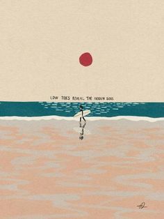 a person on a surfboard in the water with a red dot above them and below it is an orange sun