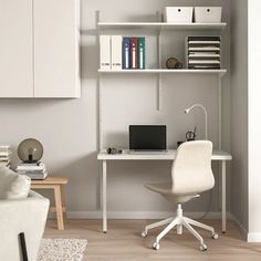 a white desk and chair in a small room