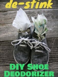 a pair of shoes sitting on top of a wooden floor with the words diy shoe deodorizer