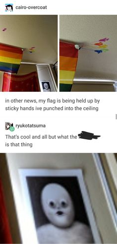 an image of a white ghost hanging from the ceiling in front of a rainbow flag