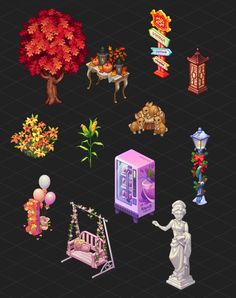 an image of different types of objects on a black background, including flowers and trees