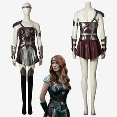 the avengers costume is being displayed in front of a mannequin with her hands on her hips