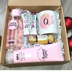 an open box containing personal care products and christmas ornaments