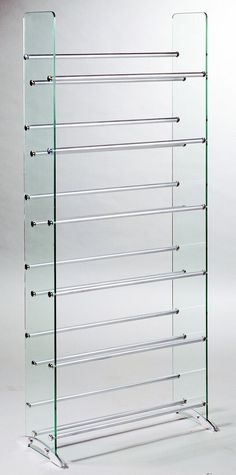 a glass display case with five rows of clear shelves