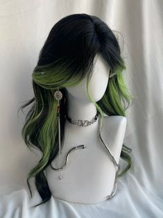 Experience a bold and playful transformation with this striking wig, designed to elevate your style with its unique black and lime green highlights. The long, wavy curls cascade elegantly, creating a dynamic and eye-catching look. Featuring a middle part design, this wig offers a modern and chic appearance that complements various face shapes.Crafted with an adjustable strap inner cap, this wig ensures a secure and comfortable fit, allowing you to wear it with confidence throughout the day. Idea Black Hair With Green Ends, Lime Green Highlights, Creative Hair Styles, Green And Black Hair, Long Wavy Curls, Colorful Wig, Colorful Wigs, Wavy Curls