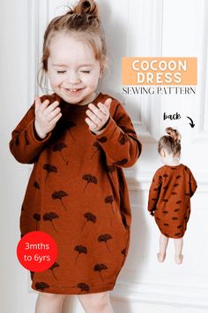 Cocoon Dress sewing pattern (3mths-6yrs). This is a sewing pattern and tutorial for the girl’s Cocoon Dress that comes in a size range of 3 months to 7 years. This sweatshirt dress is knee-length and features raglan style sleeves and a cocoon shape. The pattern includes three sleeve lengths - long, short, and half sleeve. To make the Cocoon Dress you should use knit fabrics. #SewModernKids Cocoon Dress Pattern Free, Sweatshirt Dress Diy, Long Sleeve Dress Pattern, Sweater Dress Pattern, Mens Knitted Scarf, Girls Winter Dresses, Girls Sweater Dress, Cocoon Dress