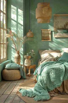 a bedroom with green walls and wooden floors