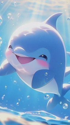 a cartoon dolphin swimming in the ocean with bubbles on it's back and its mouth open