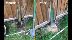 before and after pictures of a fence being repaired with garden tools in the grass next to it