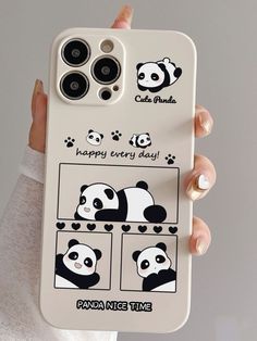 a person holding up a phone case with panda pictures on the front and back of it