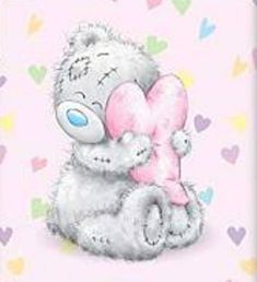 a drawing of a teddy bear holding a heart on a pink background with hearts around it