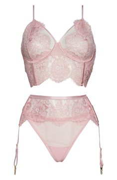 This alluring lace ensemble pairs a longline bra with a strappy garter belt and a matching thong for a look that's sweet and seductive. 80% nylon, 20% elastane Hand wash, dry flat Imported Coquette Lingerie Sets, Garter Belt Lingerie, Lacy Lingerie, Pink Lingerie, Longline Bra, Garter Set, Lingerie Outfits, Cat Wallpaper, Beautiful Hats