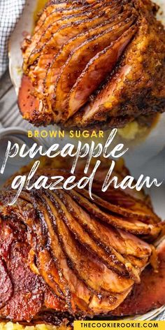 brown sugar pineapple glazed ham on top of mashed potatoes