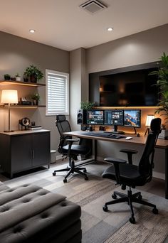 Finished Basement Ideas Home Office Entertainment Room, Ergonomic Home Office Ideas, Tech Home Office, Basement Home Office, Spare Bedroom Office, Ergonomic Furniture, Home Office Layouts, Basement Office