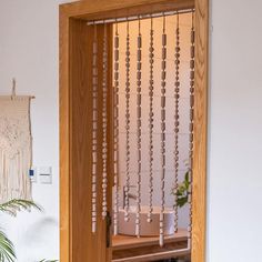 an open door with beads hanging on the side and potted plant in front of it