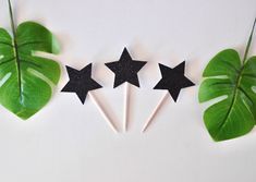 three black stars and two green leaves on sticks