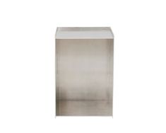 a stainless steel trash can on a white background